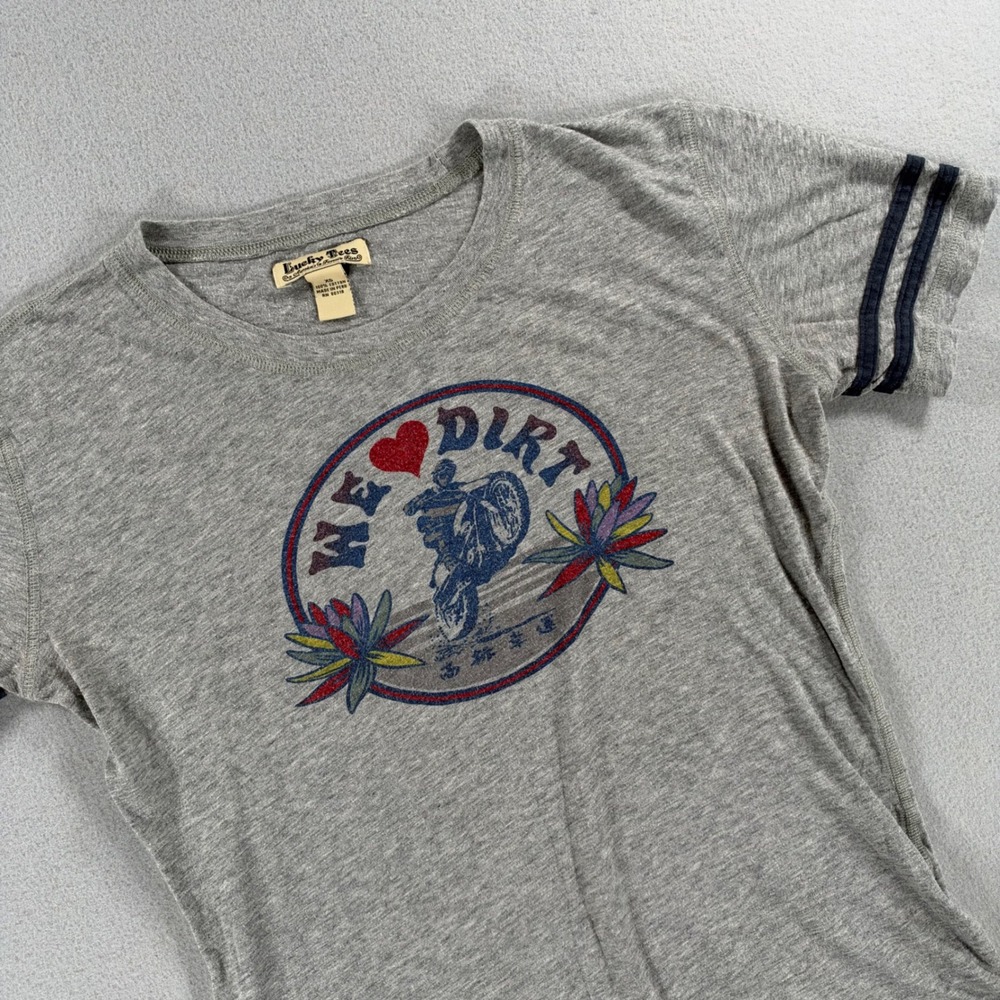 Lucky Tees T-Shirt We Heart Dirt Graphic XS Gray Short Sleeve Ringer Stripe